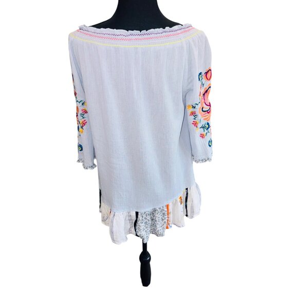 John Mark Boho Embroidered Peasant Top S Blue Off Shoulder Patchwork Ruffle Hem - Picture 2 of 8
